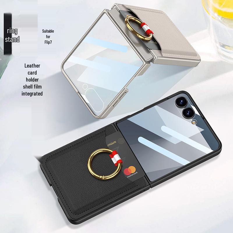 Ультратонкий кожаный чехол для Samsung Z Flip7: Полное покрытие, Держатель для карт, Кольцо, Защита от падений