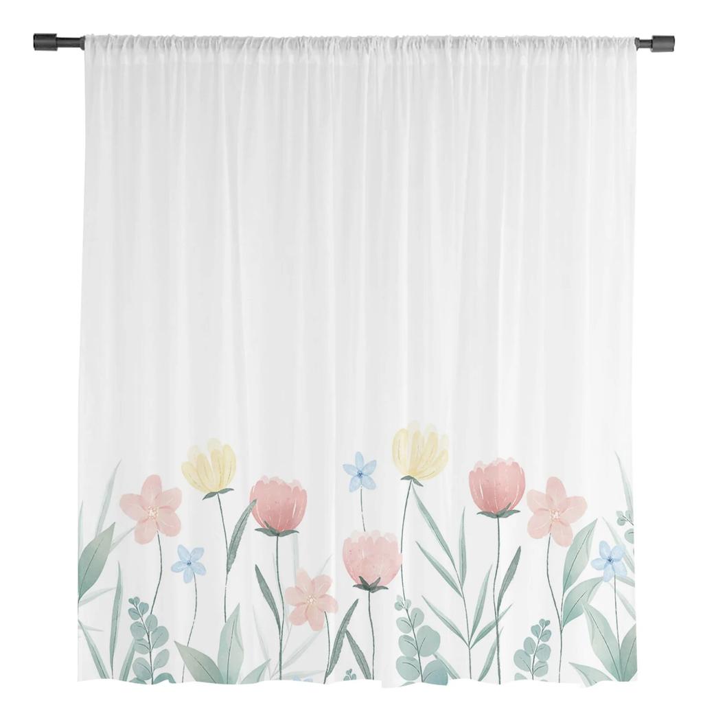 Flower Watercolor Pink Tulle Window Curtains for Bedroom Indoor Living Room Voile Decorative Sheer Curtains Drapes