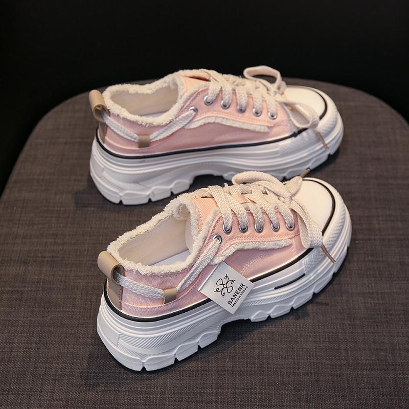 2025 Осень Новые Женские парусиновые туфли Круглый носок Толстая подошва С бахромой Джинсовые Повседневные туфли Увеличение роста Спортивные