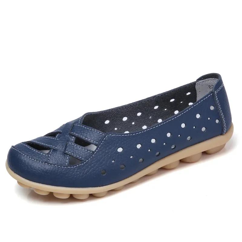 New Women Fashion Hollow Soft Sole Flat Heel Sandals Genuine Leather Casual Flat Daily Shoes Comfortable Footwear for Female