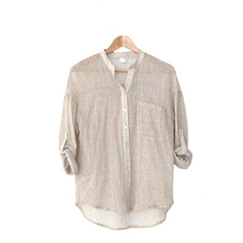 Летняя солнцезащитная блузка из японского хлопка и льна со стойкой