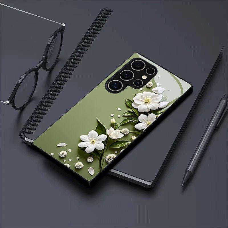 Стеклянный чехол для телефона с узором из белых цветов, подходит для Samsung Galaxy S26 S25 S24 S23 S22 S20 FE/Ultra/Plus, пылезащитный и ударопрочный