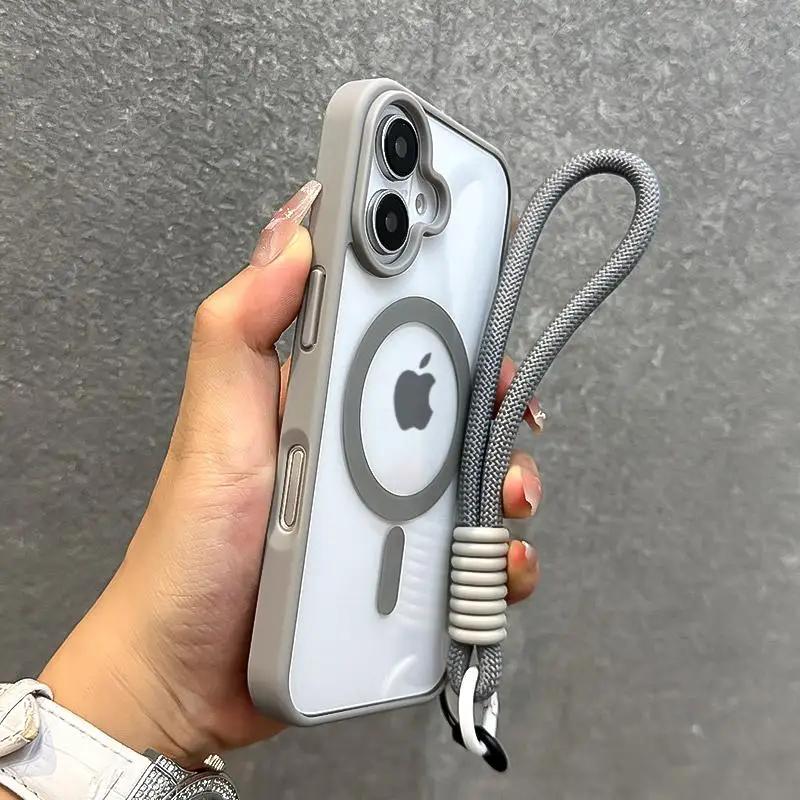 Роскошный прозрачный чехол для телефона Magsafe с ремешком на запястье для iPhone 17 Pro Max 16 11 12 13 15 14 Pro Max, защитная задняя крышка