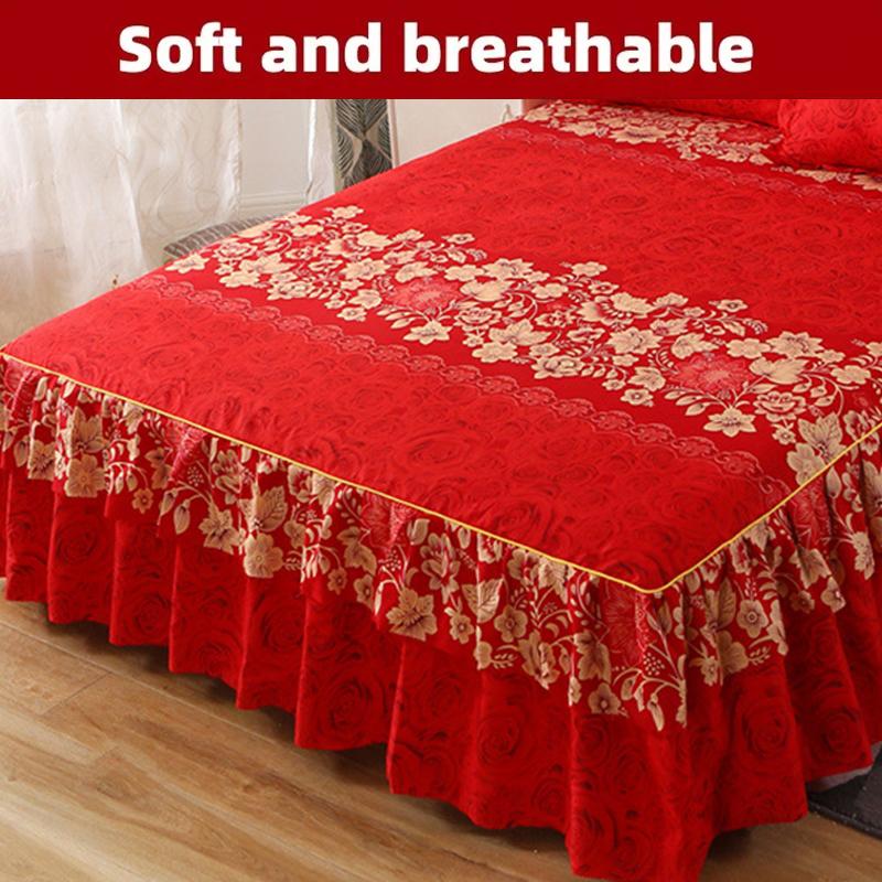 Набор из 3 предметов: Принтованная юбка для кровати 1 юбка для кровати + 2 наволочки, Цветочная кружевная юбка для кровати, Дышащее мягкое покрывало, Постельное белье, Защитный чехол для матраса с защитой от скольжения 360°