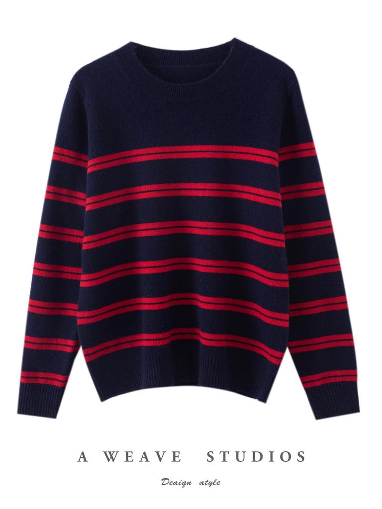 Women's 100% Pure Wool Color Block Stripe Round Neck Sweater - Warm, Casual Knitwear for New Year