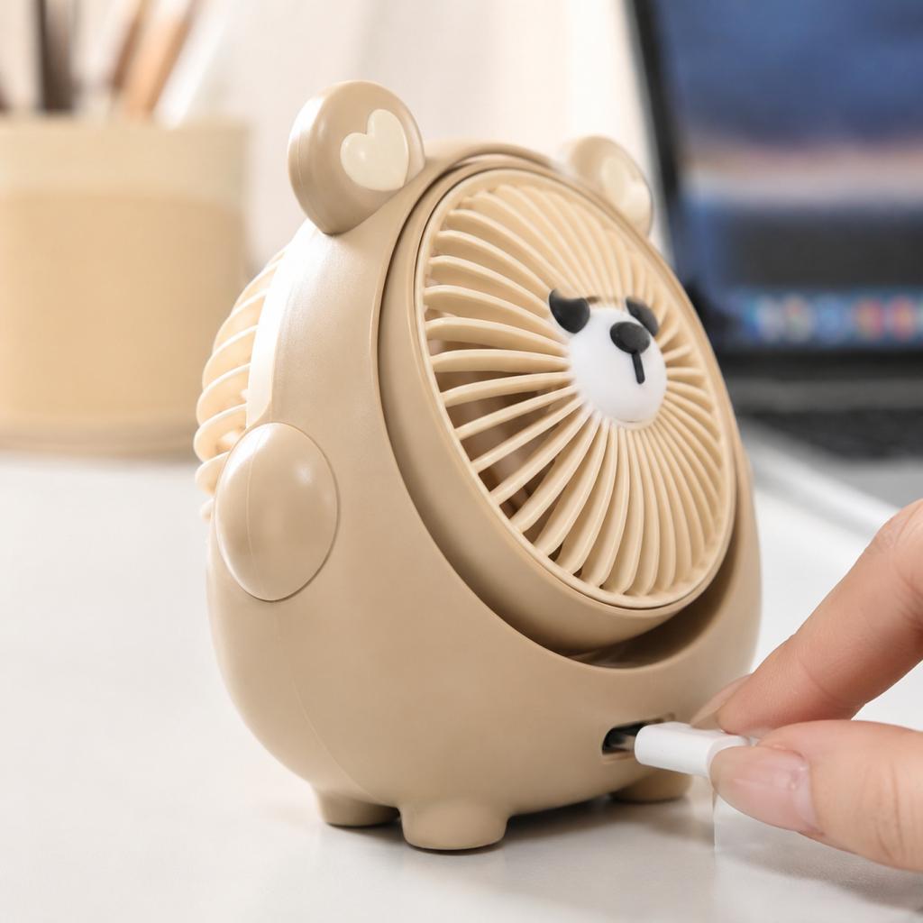 Cute Bear Shaped Desktop Fan USB Rechargeable Portable Small Fan for Office Home Travel Personal Cooling with Adjustable Angle and Quiet Operation