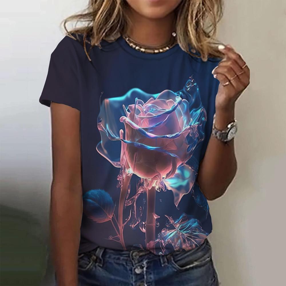 Летние футболки с 3D-принтом Crystal Flower для женщин, повседневная мода Y2k, футболка с коротким рукавом, футболки с круглым вырезом, топы, одежда
