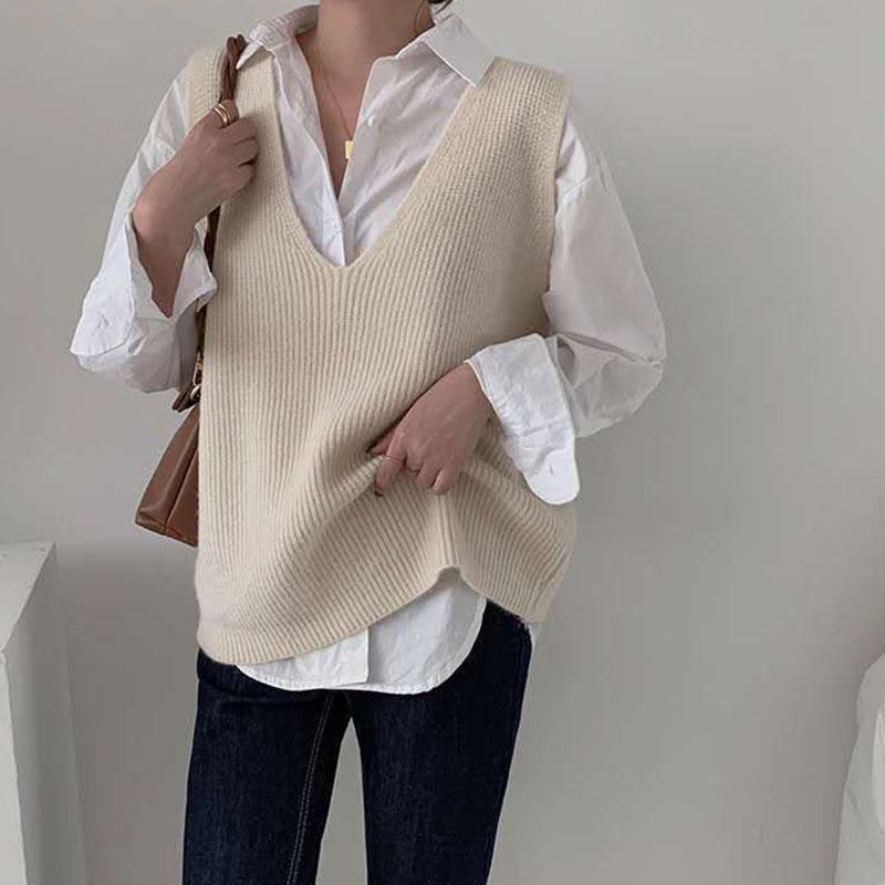 Жилет вязаный в стиле ретро с большим V-образным вырезом для женщин на весну, универсальный свободный и утягивающий жилет