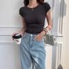 Women's T-shirt Short-sleeved Spring and Summer Slimming Design Sense Niche Card Waist Waist Is Shoulder Clothes