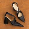 89811 [sheepskin] High Heels Women's Thick Heel 2025 New Pointed Temperament Cross Belt Hollow Splicing Single Shoe