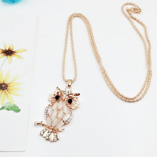 Owl Necklace Sweater Chain Faux Opal Rhinestone Decor Alloy Clothes Jewelry Dating Prom Party Garment Decoration Necklace