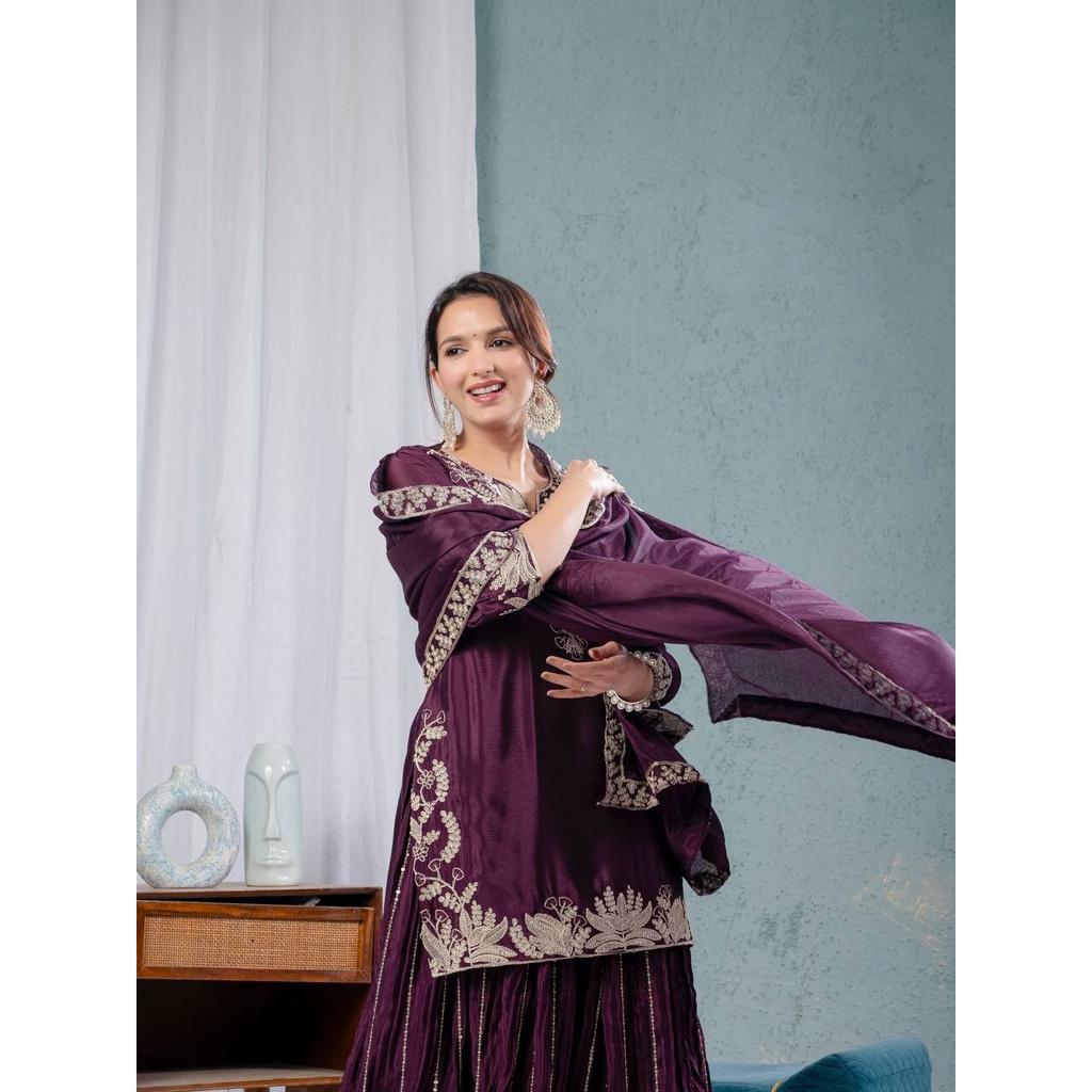 INDIAN PAKISTANI CHINNON SILK SHARARA SALWAR KAMEEZ SET WOMEN PARTY WEAR ETHNIC VFP-1884a