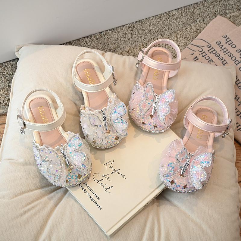 Children Princess Sandals for Girls Summer New Fashion Rhinestone Glitter Cute Sweet Butterfly Korean Beach Shoes for Party