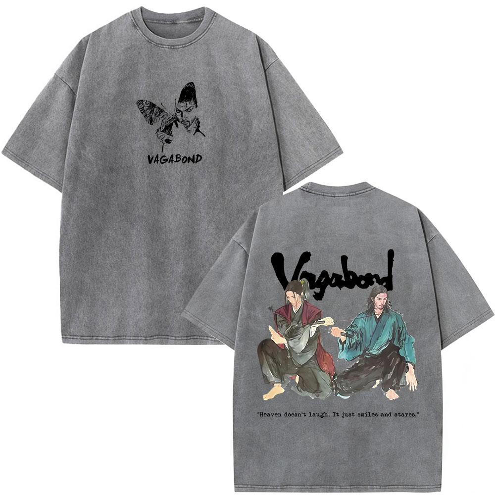 Vintage Washed Anime Vagabond Miyamoto Musashi Manga Tshirts Men Women Clothing Casual Cotton Short Sleeve Oversized T Shirts