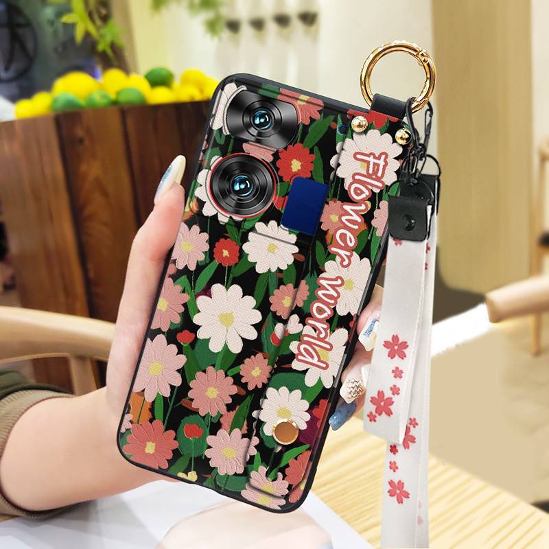 Waterproof Kickstand Phone Case For ZTE Nubia Z60 Ultra Oil Painting Soft Case Fashion Design Flower Anti-knock Lanyard