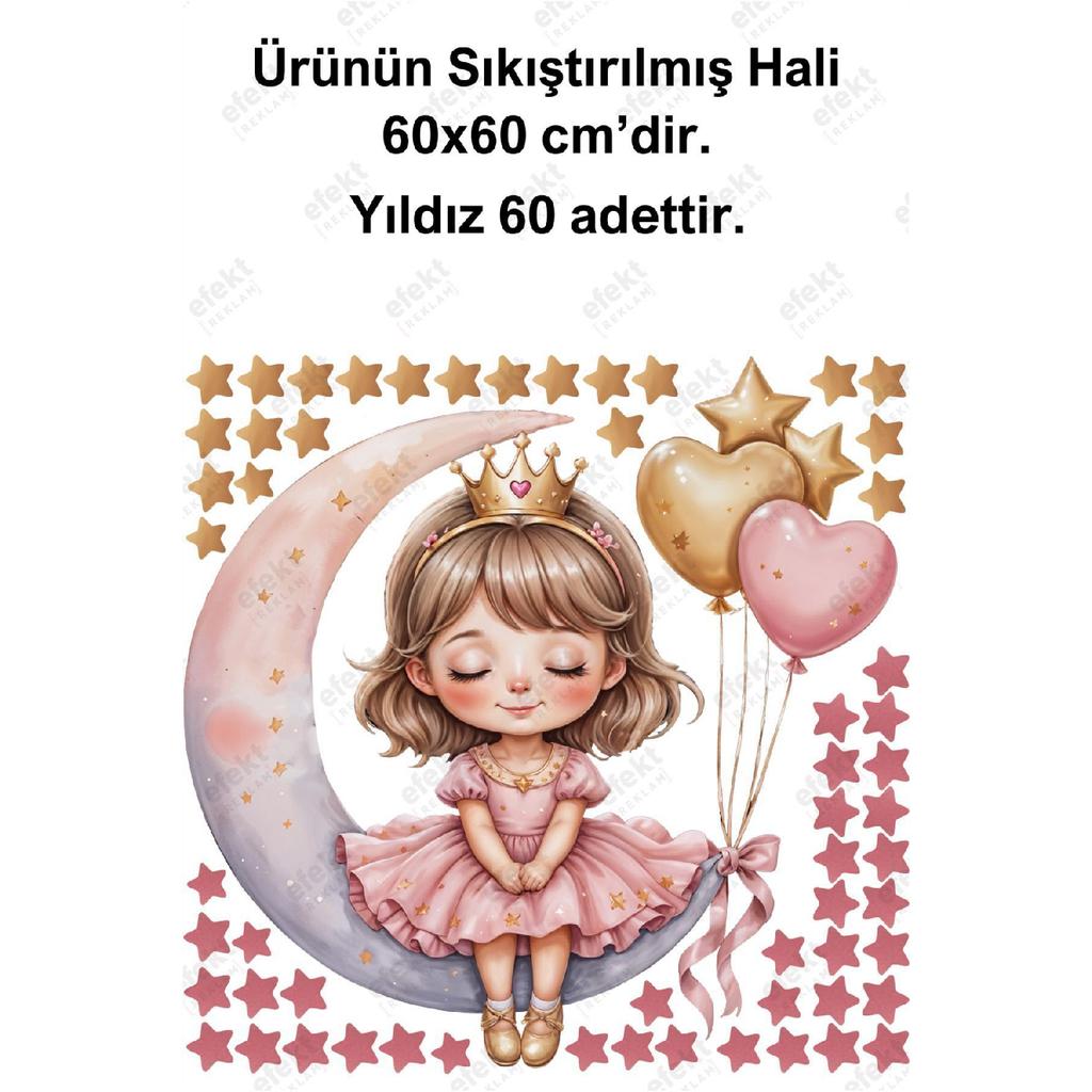 Cute Girl Sitting On The Moon Kids Room Door - Wall Adhesive Sticker Set