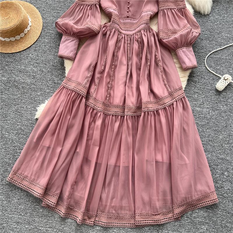 New Heavy Craft Lace Embroidery Hollow Out Party Evening Long Dress Women's Stand High Waist Lantern Sleeve Dresses Holiday