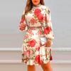 Piled Collar Long Sleeve Elastic Waist High-Waist Mini Dress Flower Print Ruffle Stitching Hem Summer Dress Female Clothes
