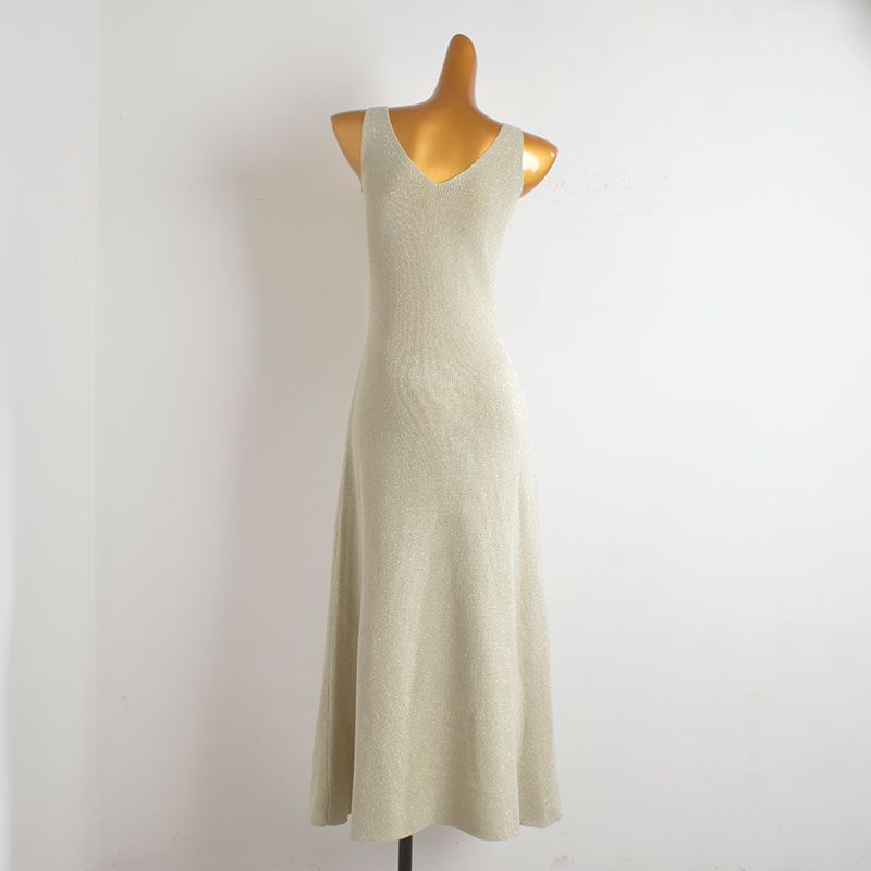 French Sexy V Neck Sleeveless Knitting Dress Women's Spring/Summer New Arrival Silm Slim Looking Waist-Tight Hip-Wrapped Sleeveless Dress