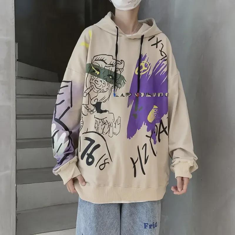 Осень 2024 г. Мужской повседневный свитер с капюшоном в стиле Гонконга с принтом в стиле хип-хоп больших размеров