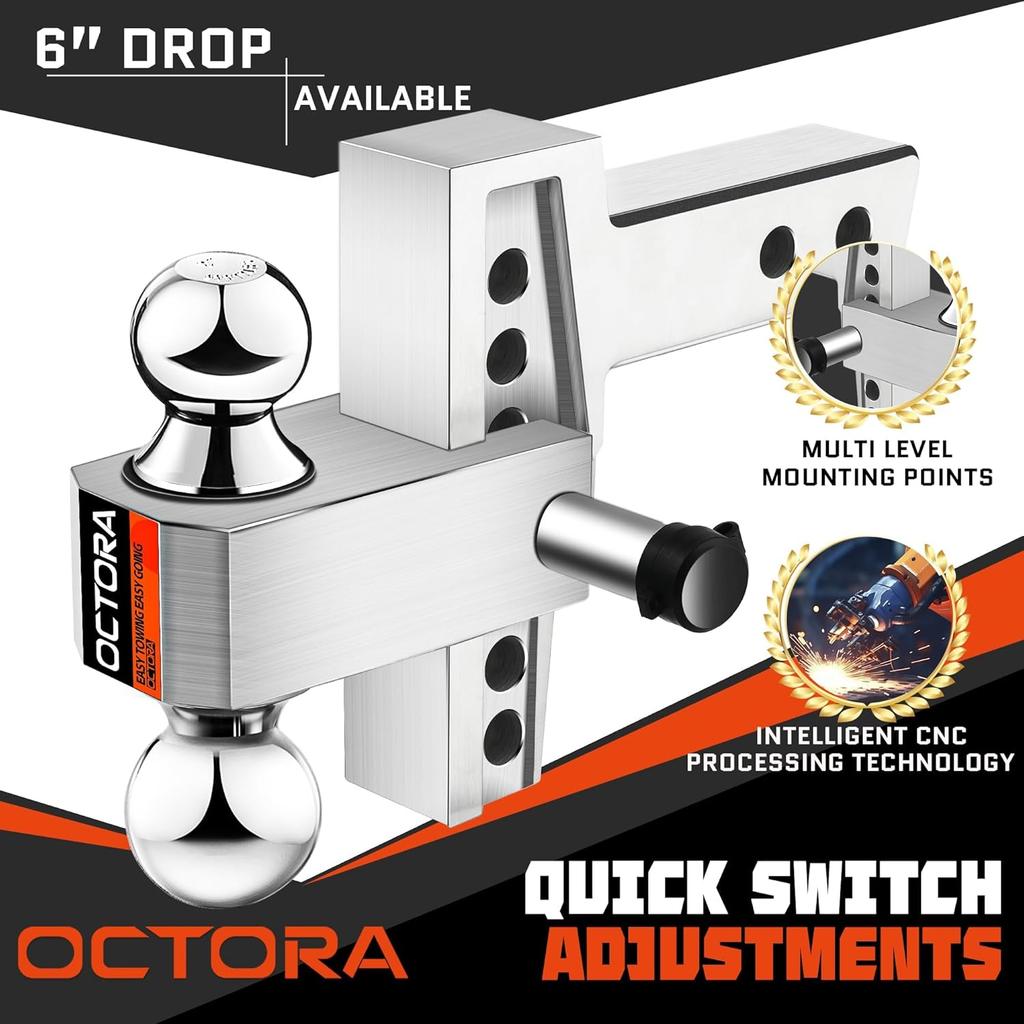 Adjustable Aluminum Tow Hitch for 2-Inch Receiver, 6-Inch Drop/Rise, 12,500 LBS GTW with Anti-Theft Locking Pins