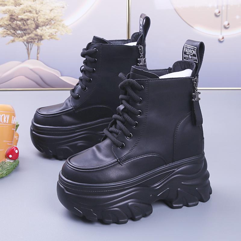 Ботильоны для женщин, новые зимние мотоциклетные ботинки, танкетка 12 см, высокие кожаные туфли на платформе, женские осенние ботинки на толстой подошве