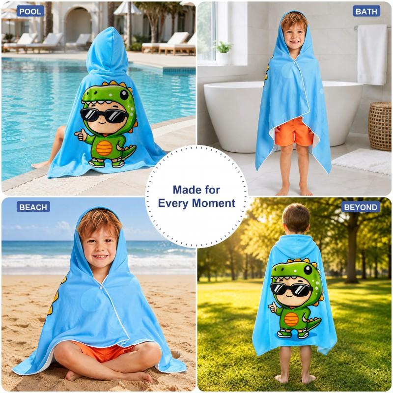 Kids Dinosaur Hooded Beach Towel With Sunglasses Print - Quick Dry Microfiber Bath Swim Wrap Pool Shower