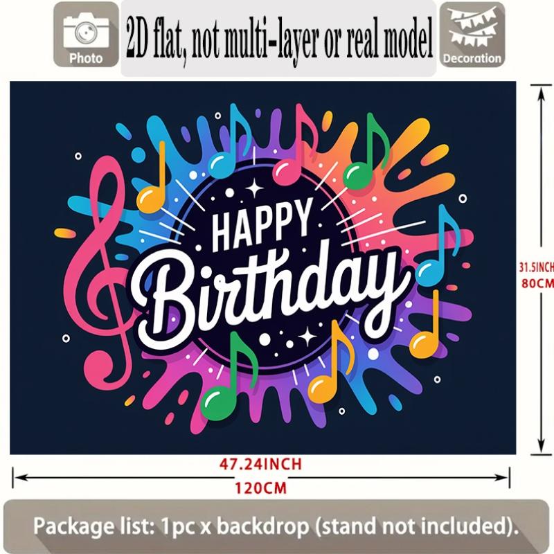Happy Birthday Musical Notes Theme Colorful Design, 1pc Polyester Party Backdrop Banner, Photo Booth Background, Wall Decor