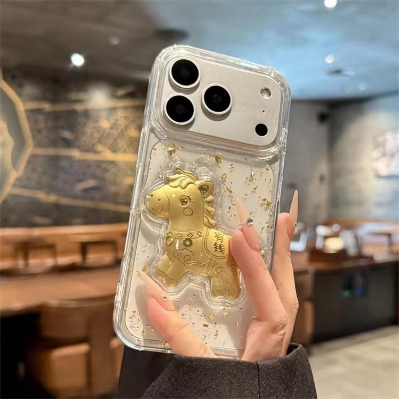 Прозрачный блестящий золотой чехол для телефона с лошадью для iPhone 17 Air 16 15 14 13 12 11 Pro Max Plus Ударопрочная защитная крышка