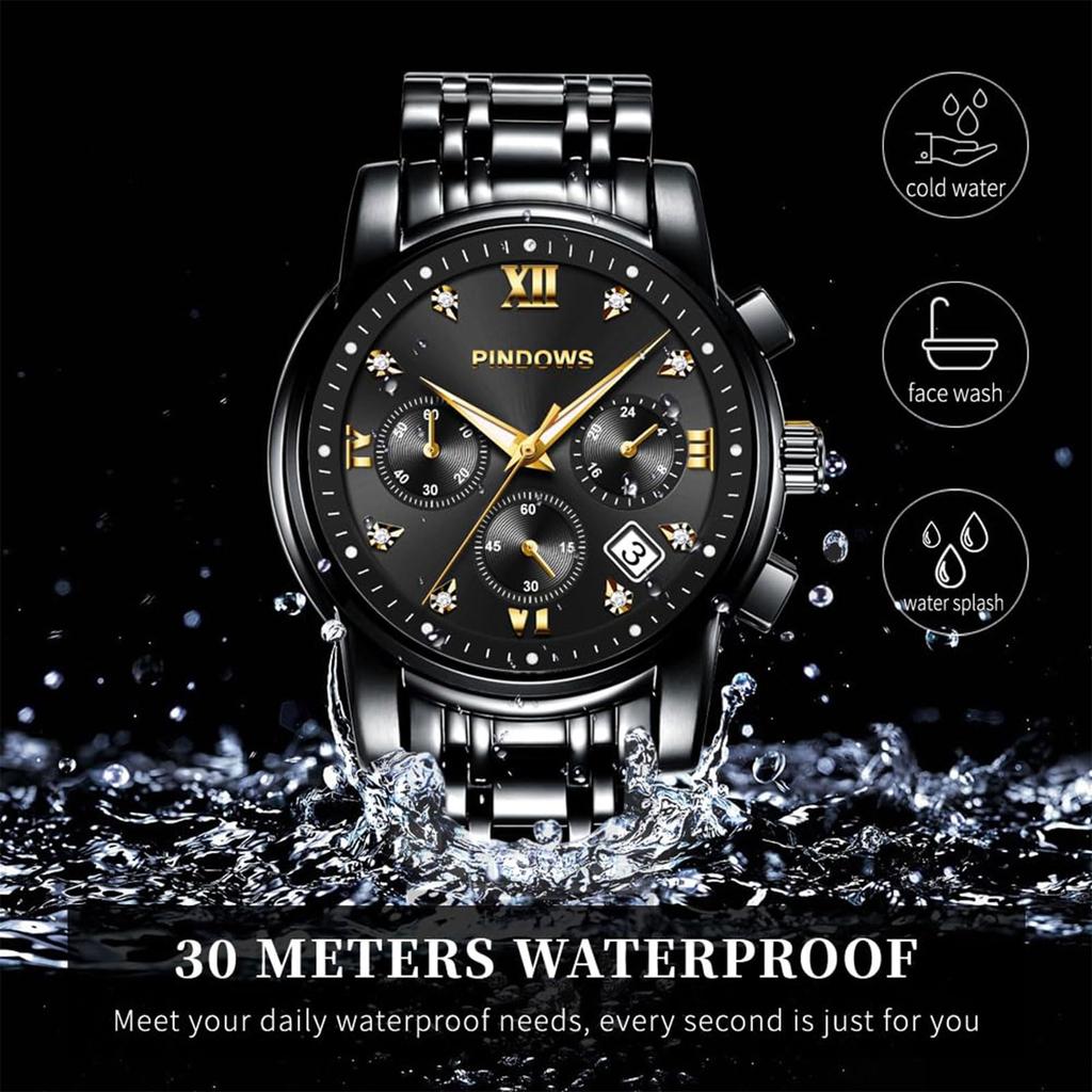 PINDOWS Analog Quartz Watch with Day and Date Stainless Steel Water Resistant for Daily Use Men's Display, Band,