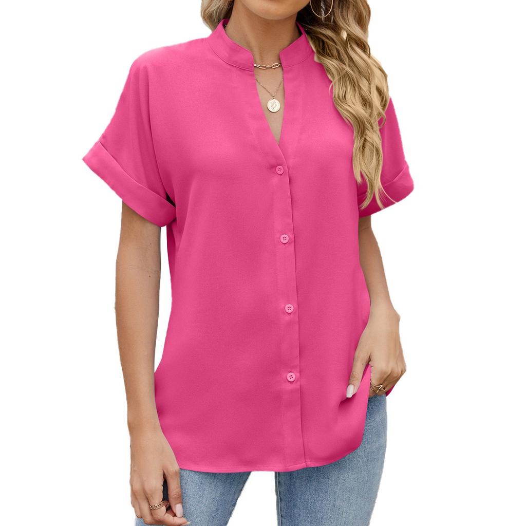 Spring Summer New Solid Color V-neck Loose Short Sleeve Button Down Chiffon Blouse for Leisure Europe America Leisure Trade
