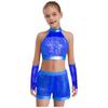 Girls Shiny Sequin Crop Top Keyhole Back Sleeveless Shorts Metallic Gloves Tassels Stage Costume