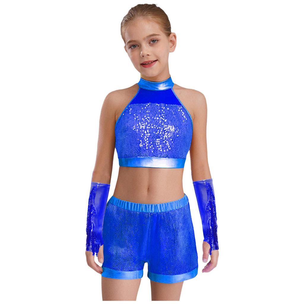 Girls Shiny Sequin Crop Top Keyhole Back Sleeveless Shorts Metallic Gloves Tassels Stage Costume