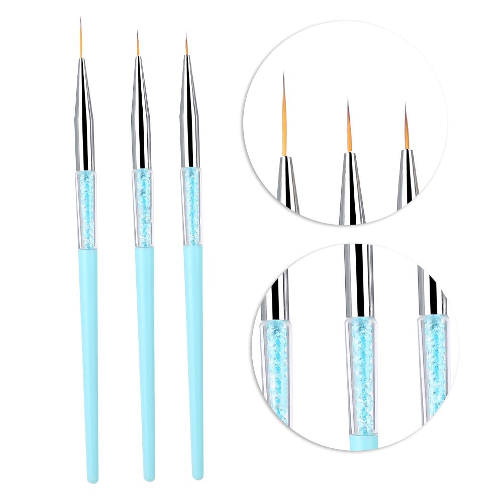 3pcs Nail Art Dotting Liner Brush UV Gel Painting Pen Drawing Tool Set Rhinestone Handle (Blue)