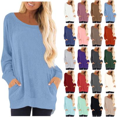 Женская модная однотонная футболка с круглым вырезом, длинный рукав, свитер, повседневный топ