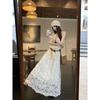 Kumikumi Retro Set Heavy Industry Crochet Vest Tops Women Autumn Lace Skirt A- Line Skirt Two-piece Set