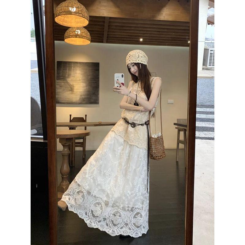 Kumikumi Retro Set Heavy Industry Crochet Vest Tops Women Autumn Lace Skirt A- Line Skirt Two-piece Set
