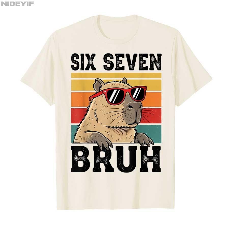 Six Seven Bruh Meme Funny Capybara Tshirt for Unisex Women Cotton T Shirts Short Sleeve