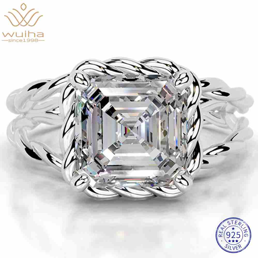 WUIHA Vintage 925 Sterling Silver 3.5 CT Asscher Cut D Color GRA Real Moissanite Split Shank Twisted Solitare Ring Fine Jewelry
