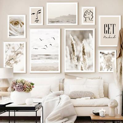 Пляжные птицы, морской цветок, тростниковая трава, настенные художественные принты, картина на холсте, линия лица, скандинавский постер, настенные панно для декора гостиной