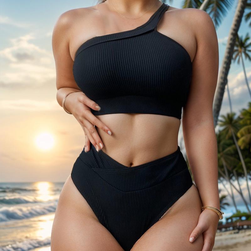 2024 Solid Color Ribbed One-Shoulder High-Waisted Bikini Swimwear