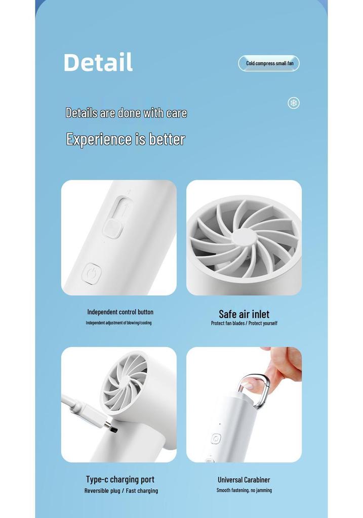 2026 High-Speed Portable Handheld Fan with Stepless Speed, Ice Pack, and Carabiner