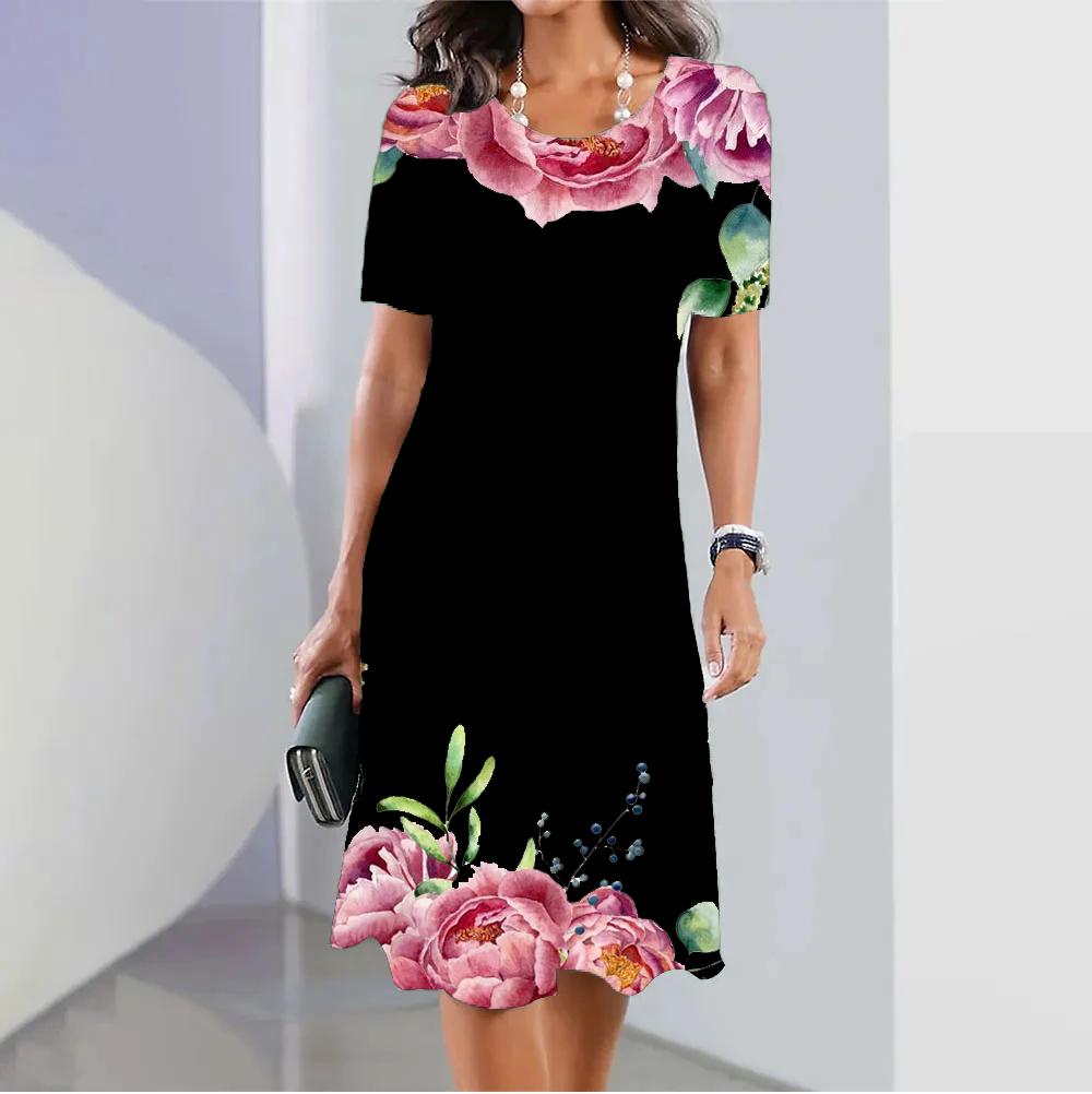 Летние платья с короткими рукавами, стильное женское платье, свободная юбка трапециевидной формы, женская одежда с цветным принтом, повседневный пуловер с круглым воротником