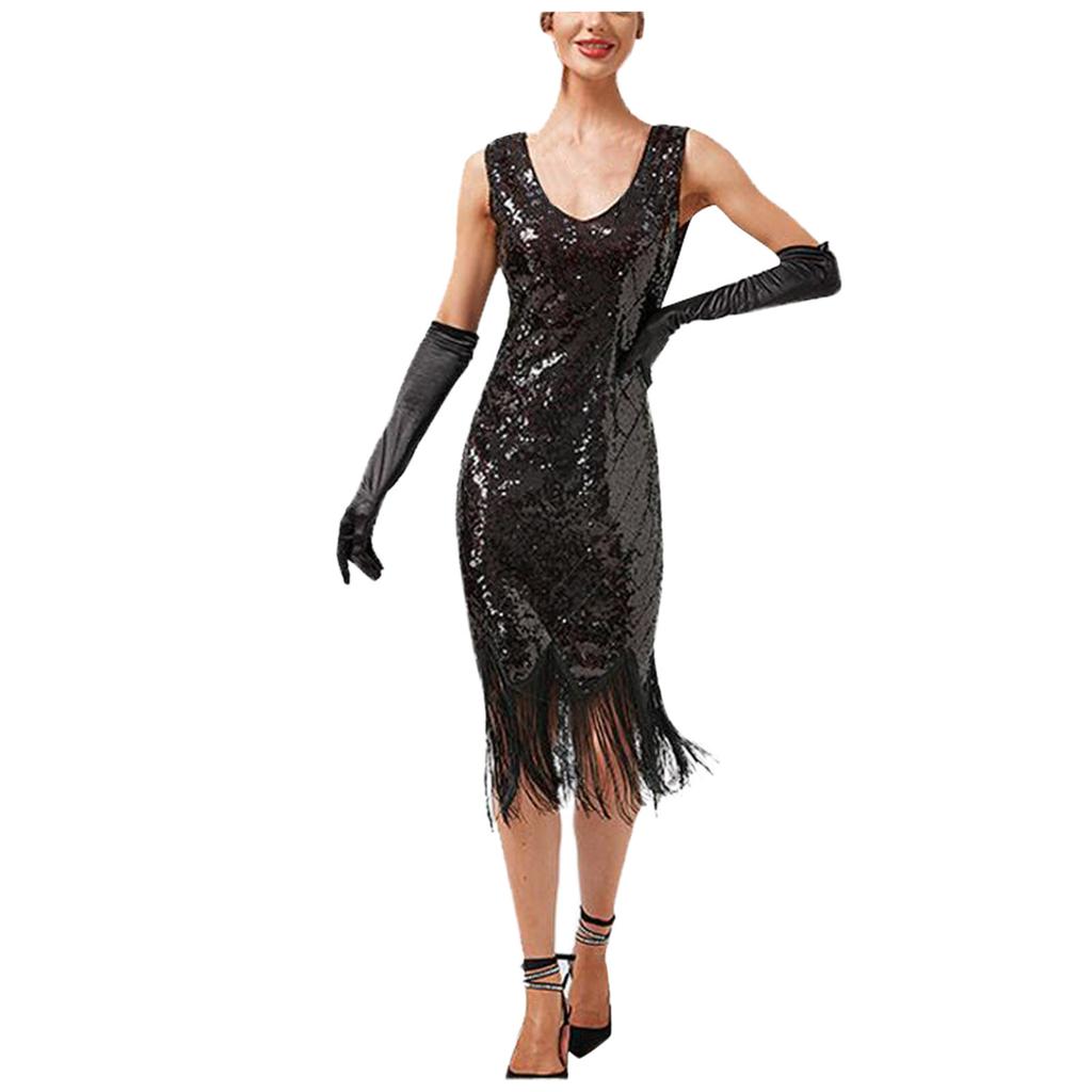 Женское вечернее сексуальное платье, модное однотонное платье с блестками и бахромой