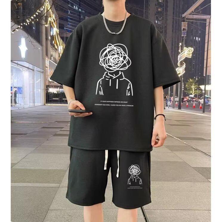 Stylish American Short-Sleeve Summer Set: Round Neck T-Shirt & Five-Point Shorts for Young Men