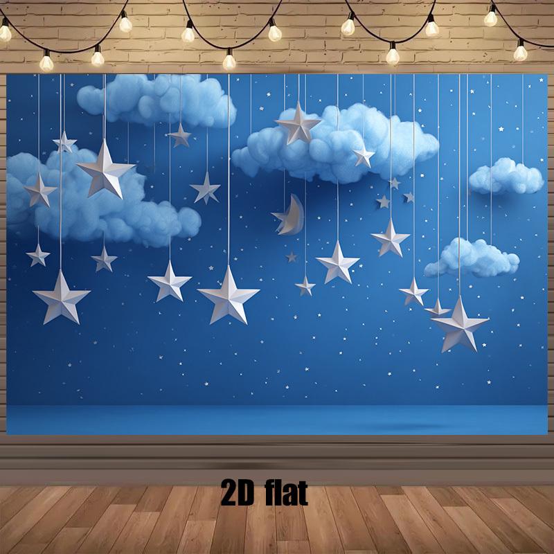 2D plan, 1 piece of starry sky and cloud background cloth, sparkling stars - party decoration in deep blue and white night sky