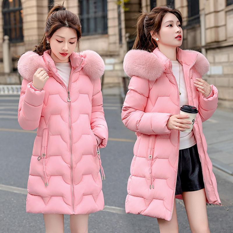 Winter new thin big fur collar hooded padded jacket medium and long down padded jacket women's waist foreign style padded jacket tide