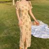 1PC Lace Soft Long Dress Slim Floral Print Fashion Dress Puff Sleeve Polyester Fairy Square Neck Collar High Slit Summer Women