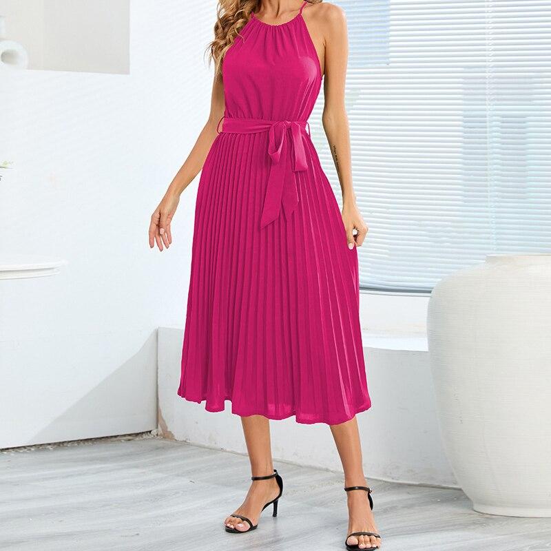 2023 сексуальное плиссированное длинное платье без рукавов для офиса, свободное однотонное платье-комбинация с U-образным вырезом для женщин, летнее модное женское платье 25263