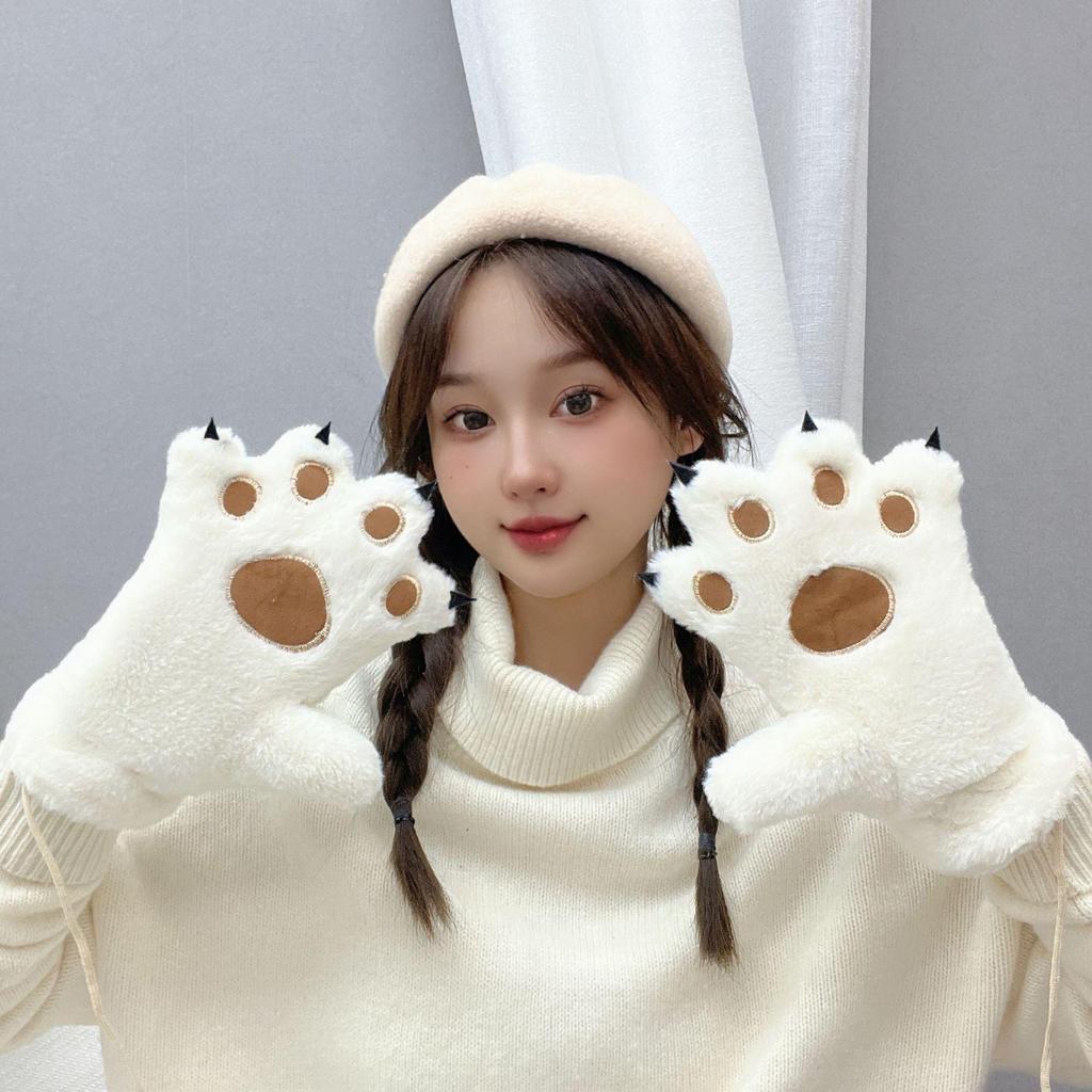 Женские осенне-зимние милые плюшевые перчатки с лапками медведя и кошки - Толстые, теплые, с мультяшным дизайном для студентов